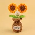 Handmade crochet sunflower potted plant featuring yellow flowers and a brown knitted vase - Orange Yellow-2 Heads Small Sun + Forget-Me-Not (Brown Small Vase)