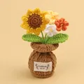 Detailed handmade crochet sunflower potted plant decoration with small colorful flowers - Yellow-Pointed Sunflower + Forget-Me-Not (Brown Small Vase)