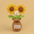 Handmade crochet sunflower and daisy flower pot ornament for warm home desktop decoration - Yellow-2 Heads Pointed Sunflower + Forget-Me-Not (Brown Small Vase)