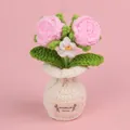 Handmade pink crochet rose bouquet in white knit vase ornament - Pink-2 Heads Bubble Rose + Forget-Me-Not (White Small Vase)