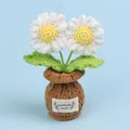 Handmade crochet white daisy flower pot decoration for desk and home shelf decor - White-2 Heads Daisy (Brown Small Vase)