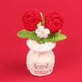 Handmade crochet red rose flower pot with a cute decorative 'With Love' label. - Red-2 Heads Bubble Rose + Forget-Me-Not (White Small Vase)