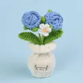 Handmade crochet blue rose and white flower potted plant ornament for home decoration - Blue-2 Heads Bubble Rose + Forget-Me-Not (White Small Vase)