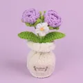 Handmade knitted purple roses and white flower in a crochet pot desktop ornament - Purple-2 Heads Bubble Rose + Forget-Me-Not (White Small Vase)