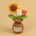 Handmade crochet sunflower and mixed flower potted ornament in a brown knitted vase - Orange Yellow-Small Sun + Forget-Me-Not (Brown Small Vase)