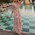 Elegante abito lungo francese a fiori con maniche a volant e vita aderente per vacanze estive - 3XL / Rosa