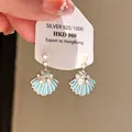 Elegant sea shell drop earrings with pearls and blue enamel in silver finish for women - Ocean Shell Pearl Style (65#)