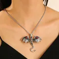 Collana drago volante gotico in argento con strass rossi - Collana Drago Grigio Argento Antico (N-1129)