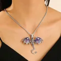 Collana drago gotico vintage in argento con ali viola e scintillanti pietre bianche - Collana Drago Viola Scuro Argento Antico (N-1126)