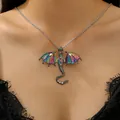 Collana drago gotico vintage da donna con strass scintillanti e finitura iridescente. - Collana Drago Iridescente Argento Antico (12330)
