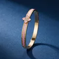 Elegant gold-plated stainless steel bangle featuring pink clover and crystal inlay design - Pink Four Leaf Clover (40甲-B-4)