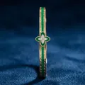 Gold stainless steel bangle featuring green enamel inlay and diamond clover charm - Green Four-Leaf Clover (40A-B-3)