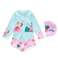 Girls light blue one-piece long sleeve swimsuit with pink accents and matching cap - D247-3mz Singing And Blooming: One-piece Slanted Horizontal Angle / 2xl (110-120cm 39-47 Jin)