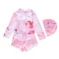 Cute pink girls' long-sleeve swimsuit set with floral fairy print and matching swim cap - 2XL (110-120cm, 39-47 Jin) / Pink Fairy Style (D247-2MZ)