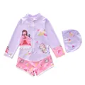 Girls' purple cartoon one-piece long-sleeve swimsuit with matching swim cap variant. - 2XL (110-120cm, 39-47 Jin) / Purple Tea Party Style (D247-4MZ)