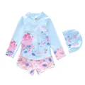 Light blue girls long-sleeved cartoon princess one-piece swimsuit and swim cap - 2XL (110-120cm, 39-47 Jin) / Light Blue Alice Style (D247-5MZ)