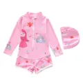 Pink girls long-sleeved one-piece swimsuit with princess print and matching swim cap. - 2XL (110-120cm, 39-47 Jin) / Pink Princess (D247-6MZ)