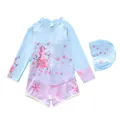 Girls' mermaid print long sleeve one-piece swimsuit set with matching swim cap - 2XL (110-120cm, 39-47 Jin) / Light Blue Melodious Style (D247-7MZ)