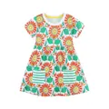 Girl's cotton short-sleeved dress featuring sunflower print and green striped pockets - 1600 / 6Y (120cm)