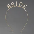 Gold metal headband featuring BRIDE spelled in sparkling clear rhinestones for weddings - Gold (BRIDE)