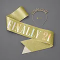 Glittery gold Finally 21 birthday sash and rhinestone tiara set for party decorations - Gold Birthday Set (FINALLY 21)