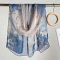 Elegant blue and white lotus floral print long silk scarf for beach sun protection - Plum Mountain Blue / 160cm