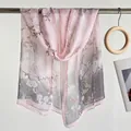 Elegant long pink and grey silk scarf featuring a delicate lotus flower print for beach - Plum Mountain Grey Pink / 160cm