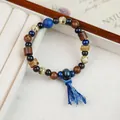 Handmade vintage ceramic beaded bracelet with mixed blue and brown beads and tassel - Zhaoguankong (1829-03) / Dark Blue
