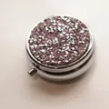 Elegant round metal pill box with pink and silver rhinestone glitter lid for travel use - Silver - Light Purple Rhinestone