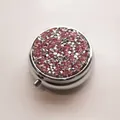 Portable round metal pill box encrusted with sparkling pink and silver rhinestones - Silver - Silver Light Pink Rhinestone