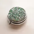 Portable round metal pill box with green rhinestones and silver spikes - Silver - Silver Green Rhinestone