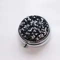 Elegant silver metal round pill box with sparkling black rhinestones for daily travel use - Silver - Silver Black Rhinestone