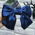 Large navy blue satin bow hair clip with an elegant glossy finish - Navy Blue Duckbill Clip