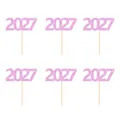 Lot de 6 décorations de gâteau 2027 en paillettes roses pour le Nouvel An - Style 1 : 2027 / Lot de 6 / Rose
