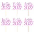 Lot de 6 décorations de gâteau 'hello 2027' rose pailleté pour fêtes de nouvel an - hello 2027 / Lot de 6 / Rose
