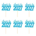 Lot de 6 décorations de gâteau bleu pailleté 2027 avec inscription cheers to 2027. - cheers to 2027 / Lot de 6 / Bleu
