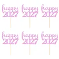 Lot de six décorations de gâteau Happy 2027 pailletées roses pour fête Nouvel An - happy 2027 / Lot de 6 / Rose