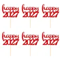 Lot de 6 décorations de gâteau à paillettes rouges Happy 2027 pour le Nouvel An - happy 2027 / Lot de 6 / Rouge