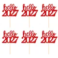 Décorations de gâteaux Hello 2027 à paillettes rouges pour le Nouvel An, lot de 6 - hello 2027 / Lot de 6 / Rouge