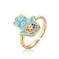 Verstellbarer vergoldeter Hamsa-Hand-Ring mit hellblauem Emaille und bunten Zirkonia - 12131 / Einstellbar Offen