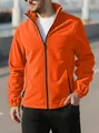 Close-up of men's bright orange fleece jacket featuring zipper and stand collar outdoors. - Orange