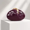 Unique pebble-shaped purple PU leather clutch bag with gold metallic clasp for evening - Burgundy