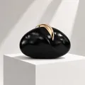 Unique pebble-shaped black PU leather evening clutch bag with gold crescent metal clasp - Black