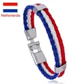 Braided leather bracelet featuring Netherlands flag colors red white and blue strands - Netherlands Style