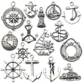 Antique silver nautical ocean series charms including anchors and rudders for DIY jewelry - Nautical Series Set (SN591) / Mixed Set of 15 / Antique Silver