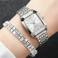 Elegant silver women's quartz watch with a matching double-row rhinestone bracelet - Octagonal Watch Jewelry Set / Silver