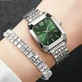 Elegant ladies silver watch with green octagonal dial and sparkling rhinestone bracelet set - Octagonal Watch Jewelry Set / Silver Green Dial