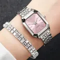 Elegant women silver quartz watch with pink dial and matching crystal bracelet set - Octagonal Watch Jewelry Set / Silver Pink Dial