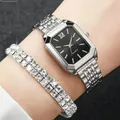 Elegant women's rectangular silver watch with matching rhinestone bracelet set - Octagonal Watch Jewelry Set / Silver Black Dial