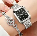 Elegant silver ladies quartz watch with black dial and matching rhinestone bracelet set - Octagonal Watch Jewelry Set / Silver Black Dial